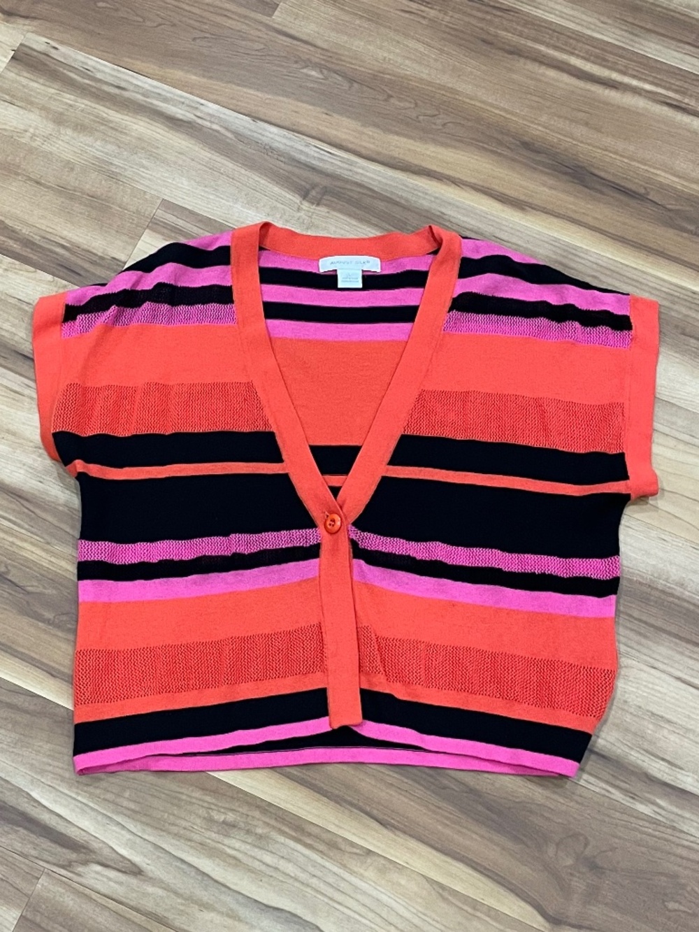 August Silk Striped Short Sleeve Cardigan - Vibrant Pink/Orange/Black - Size Lar